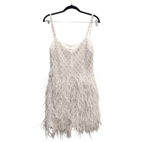 NWT Nadine Merabi Carrie Ivory White Beaded Feather Cocktail Dress Size 8/M - Picture 9 of 16